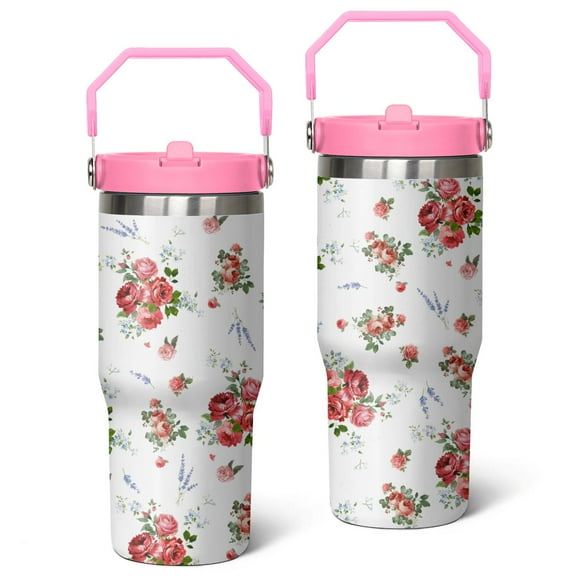 30oz Rose Spring Flower Blossom Stainless Steel Tumbler with Top Handle,Pioneer Travel Coffee Mug Flip Straw Cup,Gifts for Women Girls Men Adults(pink)