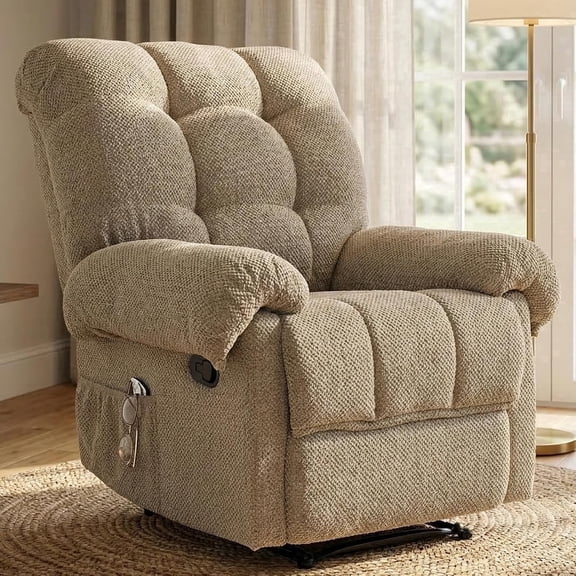 36'' W Camel Comfy Manual Recliner Chair, Ergonomic Pain Relief w/Pockets, Reading Napping Small Apt Bedroom Living Room, Gift for Mom Dad