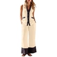 thumbnail image 2 of VBVC Women's 2 Piece Cotton-Linen Outfit Set,Ladies Sleeveless Button Down Top,High Waist Contrast Wide Leg Pants For Women,Beige,S-2XL, 2 of 10