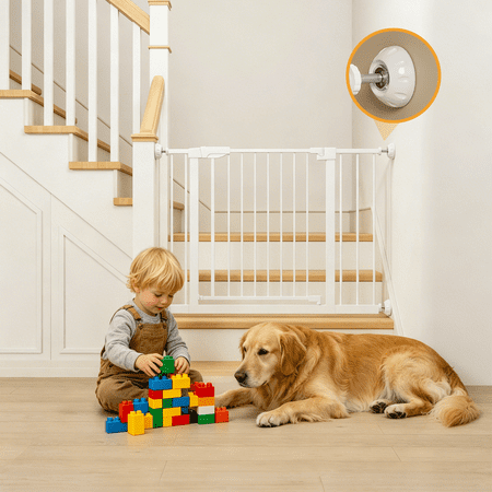 Leumius 29.5-45.3" Wide Baby Gate with Wall Protector for Stairs and Doorways, No Drilling Pressure Mounted Pet Gates for Kids, Easy Walk Through Safety Gate White