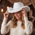 thumbnail image 6 of Furry Fluffy Trim Halloween Western Cowboy Hat with Decorative Band, Wide Brim Fashion Headwear, Stylish Accessory for Halloween Parties, Concert, Festival Celebrations and Trendy Outfit White, 6 of 10