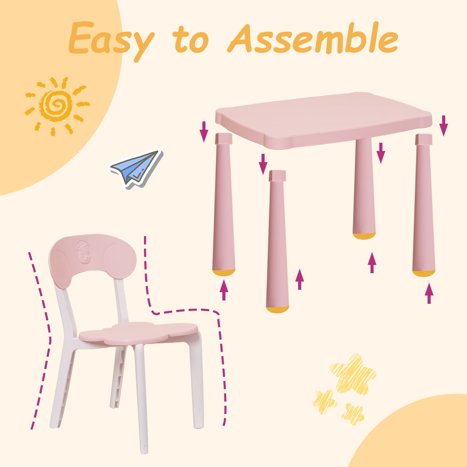 Domi Kids 3 Piece Plastic Toddler Table and Chair Set, Children Activity Table(White/Pink)