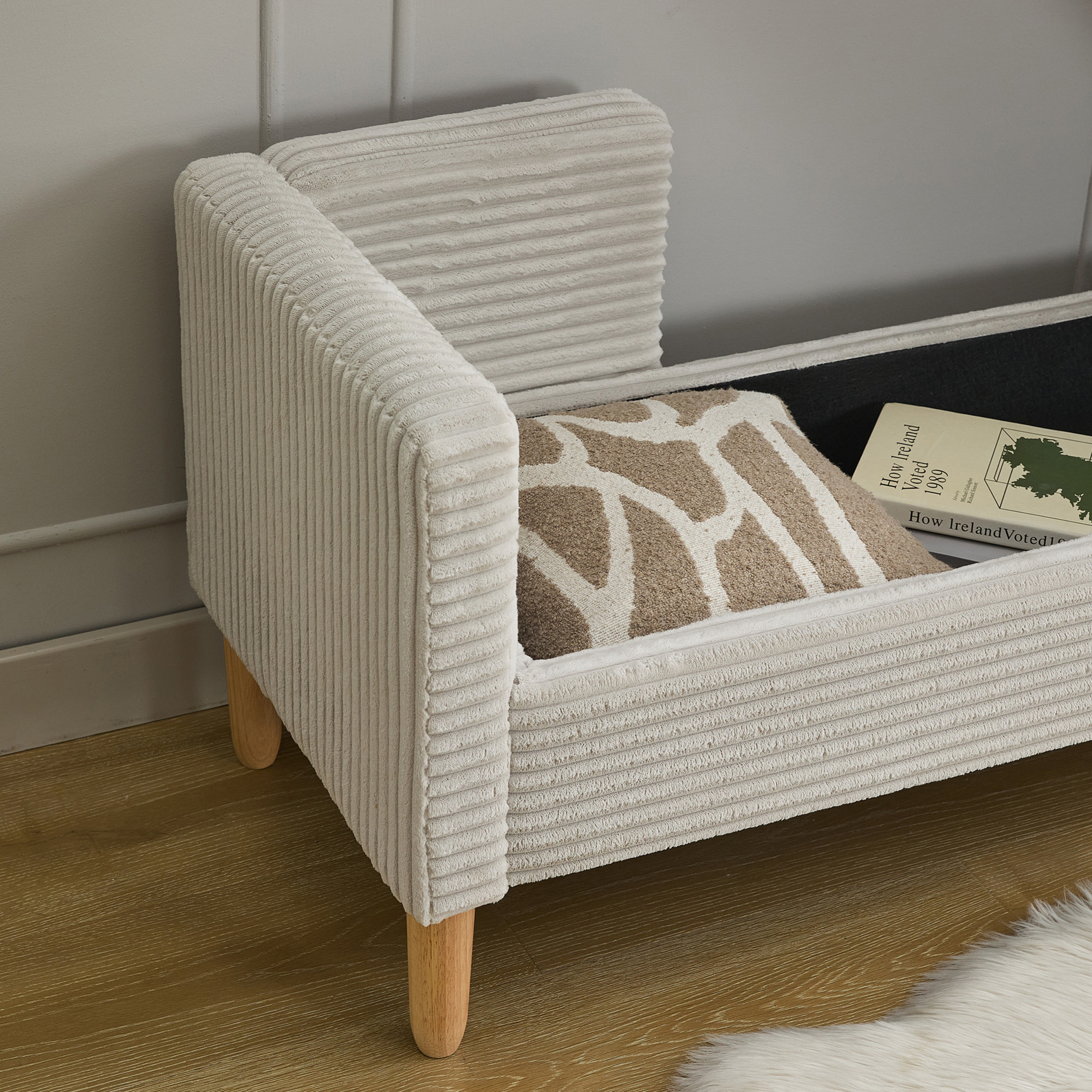 Noble House Delphine 65" Corduroy Storage Bench, Upholstered Seat with Bolster Pillows for Bedroom, Entryway, Light Gray