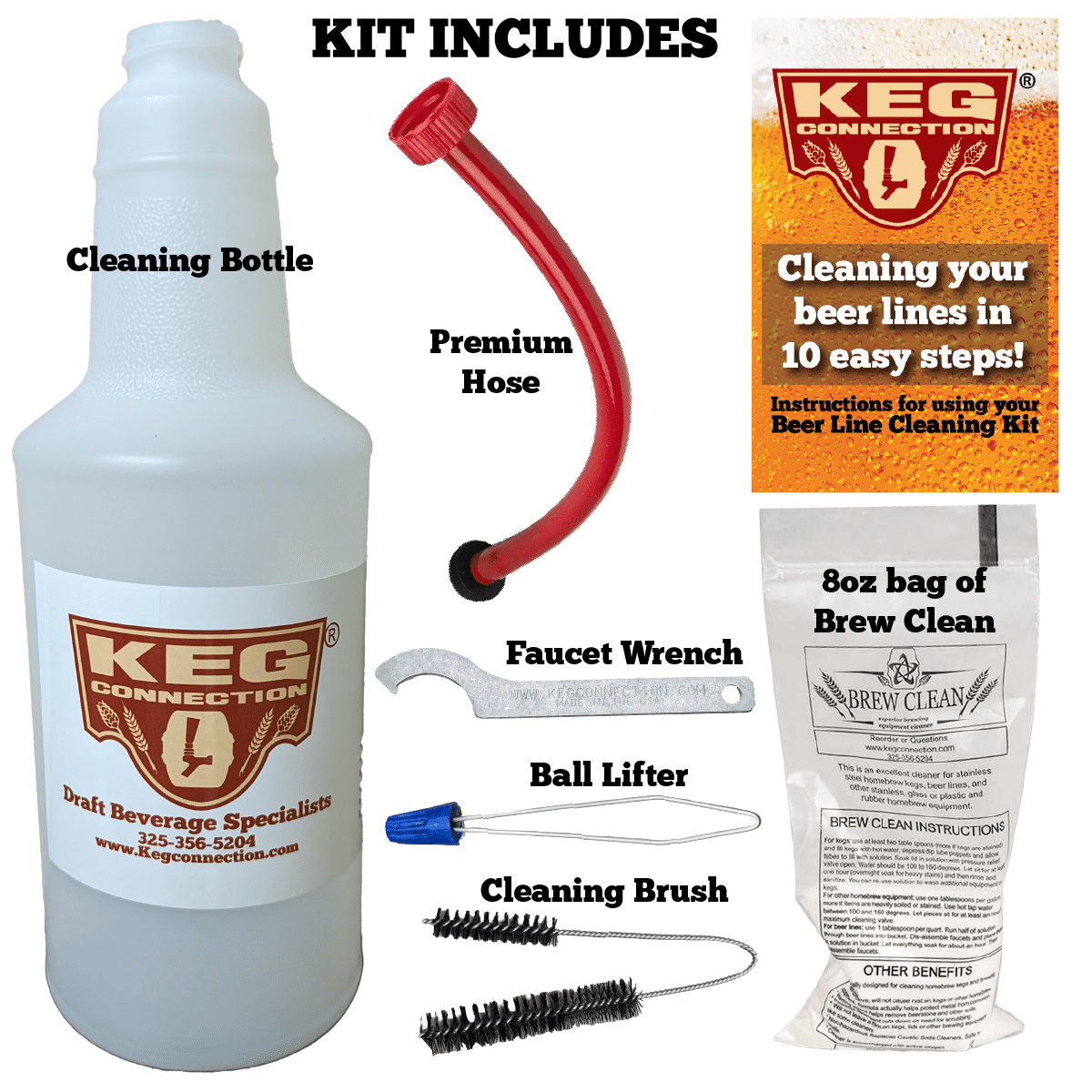 Kegconnection Kegerator Beer Line Cleaning Kit - Easy and Safe to Use Keg Cleaner - with Brew Clean Solution and More