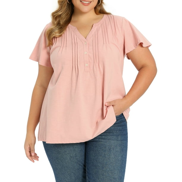 GRACE & GRANDEUR Blusas de Talla Grande para Mujeres con Frente Plisado y Mangas con Volantes, Blusa con Cuello de Botón, Camiseta Casual Elegante 1X Rosa
