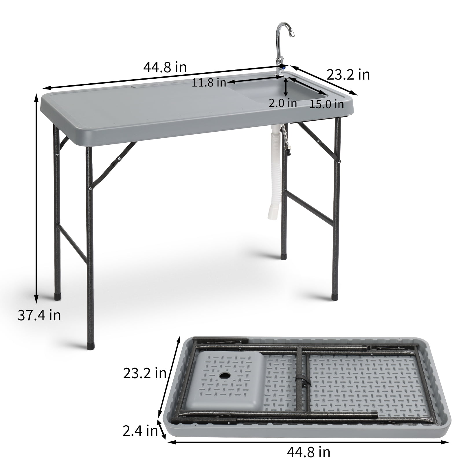 Folding Portable Fish Fillet Table with Sink & Faucet, HDPE Top Steel Frame Camping Prep Table for Fishing Picnics Outdoor Activities, Grey