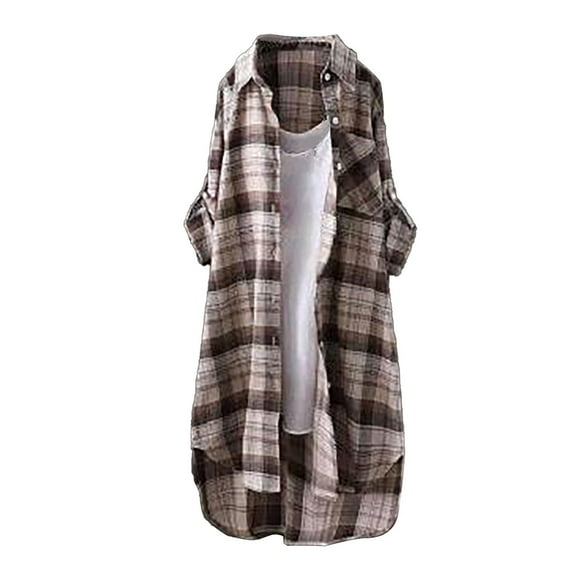 Pxiakgy Long Flannel Shirts for Women Button Down Plaid Shirts Dresses Pocketed Women's V Neck Seven Quarter Sleeve Printed T Shirt Long Sleeve Plaid Boyfriend Front Shirt Khaki L