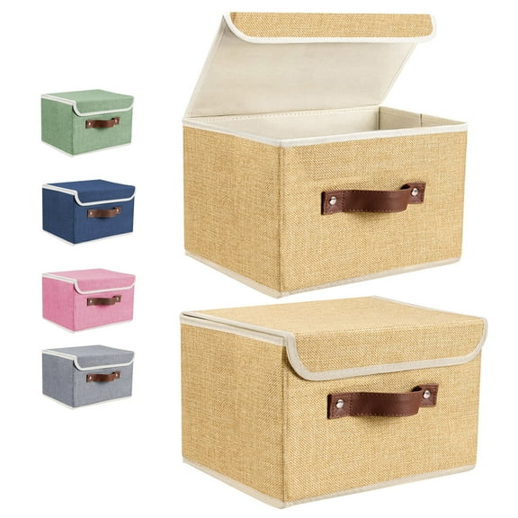ANMINY Foldable Fabric Storage Bin With Handle Lid Large Collapsible Box Basket For Home Organizer, 4 Packs, Khaki