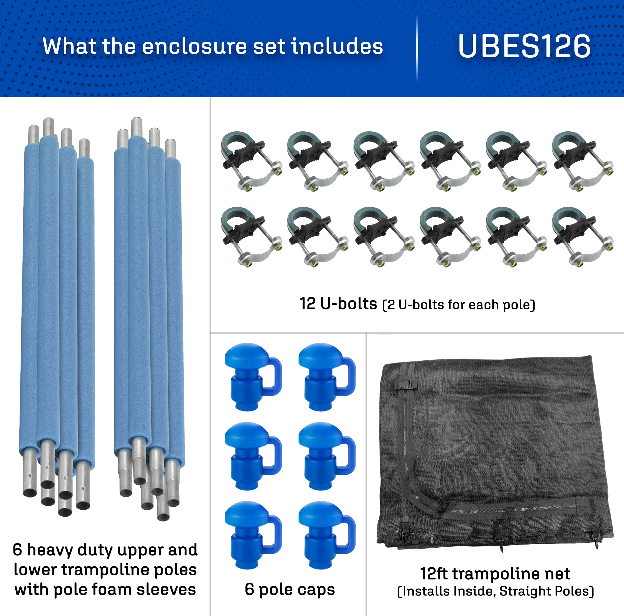 Machrus Upper Bounce Trampoline Safety Enclosure Set including Trampoline Net, 6 Trampoline Poles, Caps, Trampoline Pole Foam Sleeves - For 12ft Round Trampoline Frame - Installs Inside the Frame