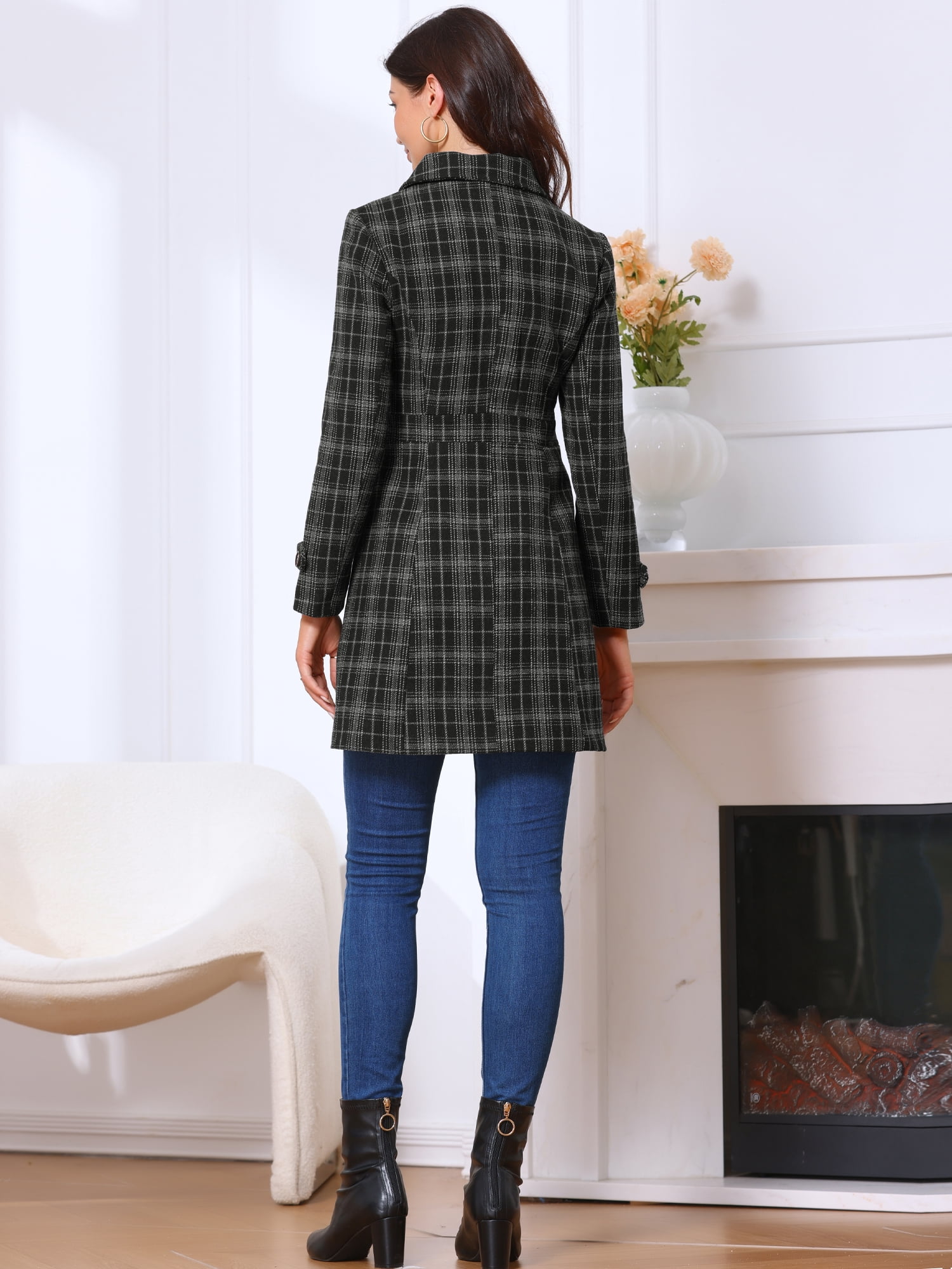 DARING DIVA Women's Single Breasted Vintage Winter Overcoat Plaid Pea Coat XS Black