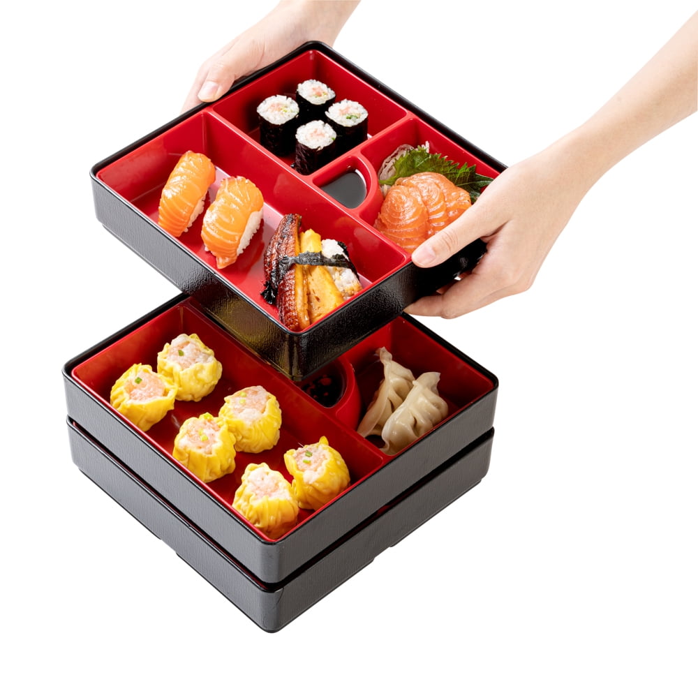 Bento Tek Square Black and Red Japanese Style Bento Box - 4 Compartments - 8 1/4 inch x 8 1/4 inch x 2 1/4 inch - 1 Count Box