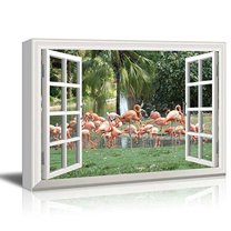 wall26 Canvas Print Wall Art Window View of Tropical Pink Flamingos Nature Animals Photography Realism Rustic Scenic Colorful Relax/Calm Ultra for Living Room, Bedroom, Office - 24"x36"