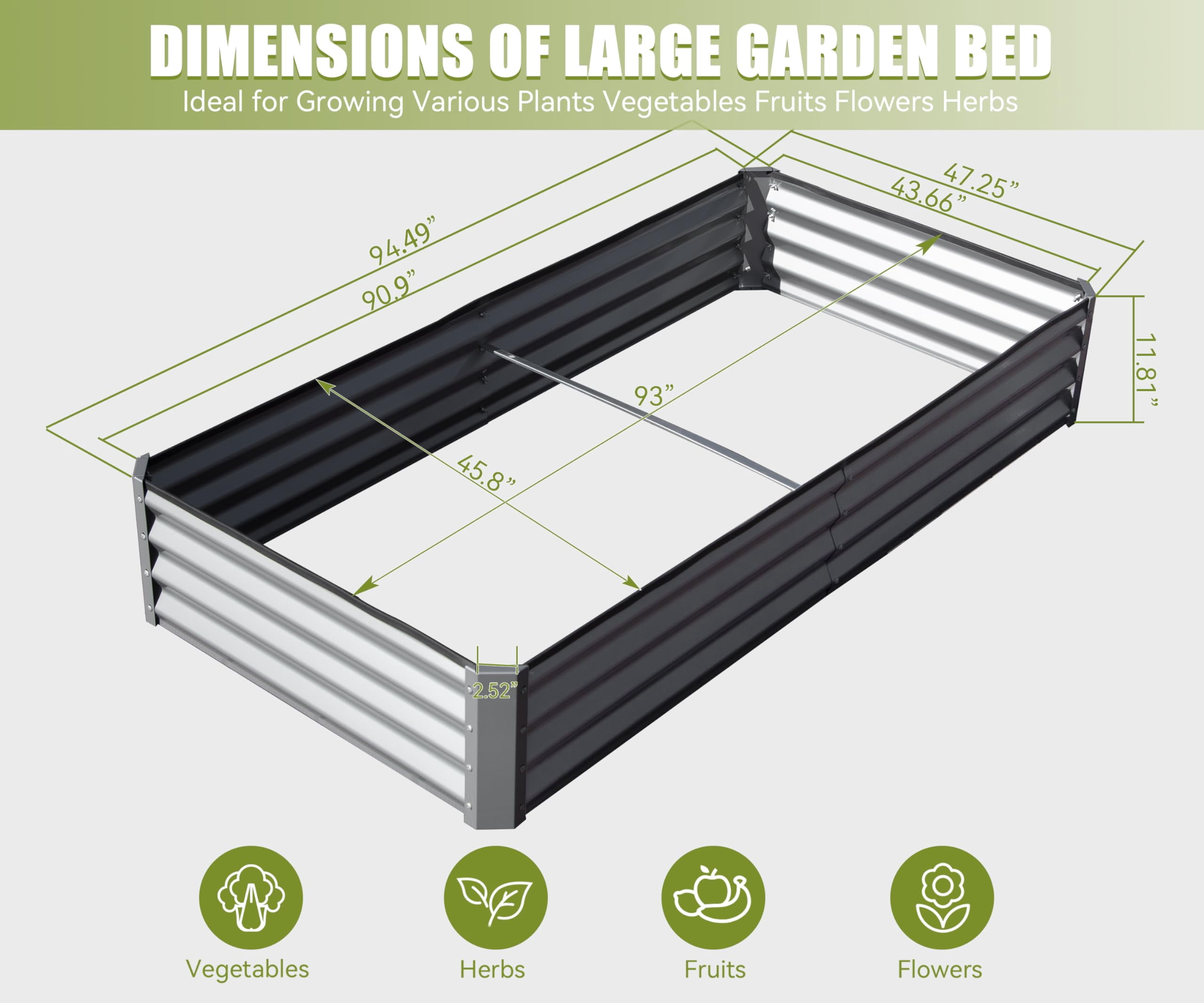 8x4x1 FT Galvanized Raised Garden Bed Outdoor Large Metal Planter Box Rustproof Steel with Support Rods Open Base for Vegetables Fruits Flowers Patio Yard Gardening Silver