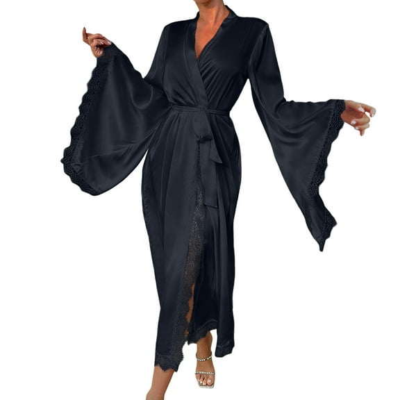 PMVFHDE Women's Lightweight Long Sleeve Kimono Robe with Lace Trim, Flowy Flowy Sleeve Cover Up, Summer Bathrobe, Plus Size Long Sleepwear Robe Black,M