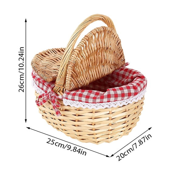 Wicker Woven Storage Basket with Handle,Handcrafted Linen-Lined Picnic Bread Fruit Organizer for Home Party Garden Outdoor,Stylish Decorative Storage Solution for Kitchen Dining Hiking-Red