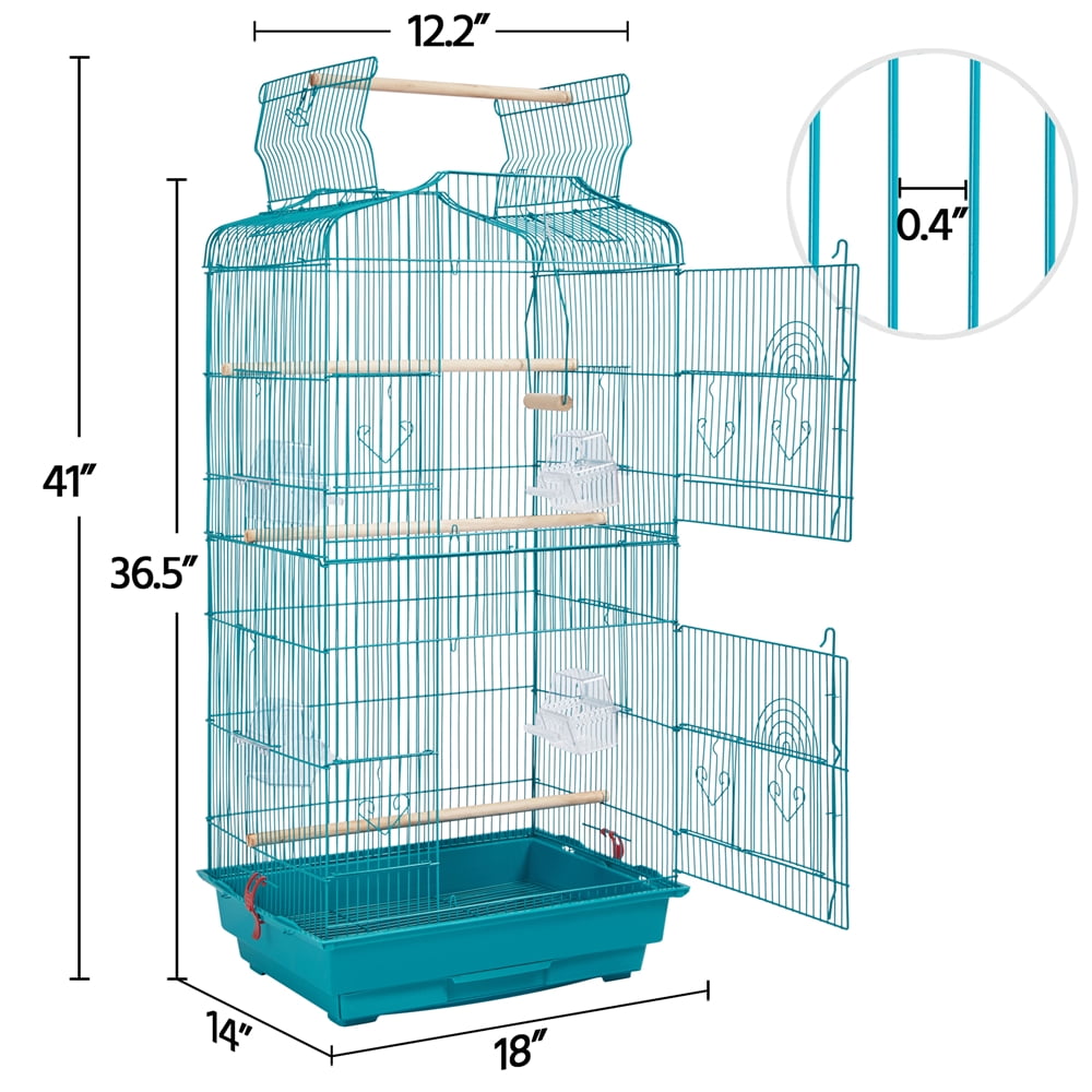 Alden Design Large 41" Metal Bird Cage with Play Top for Parakeets and Lovebirds, Teal Blue