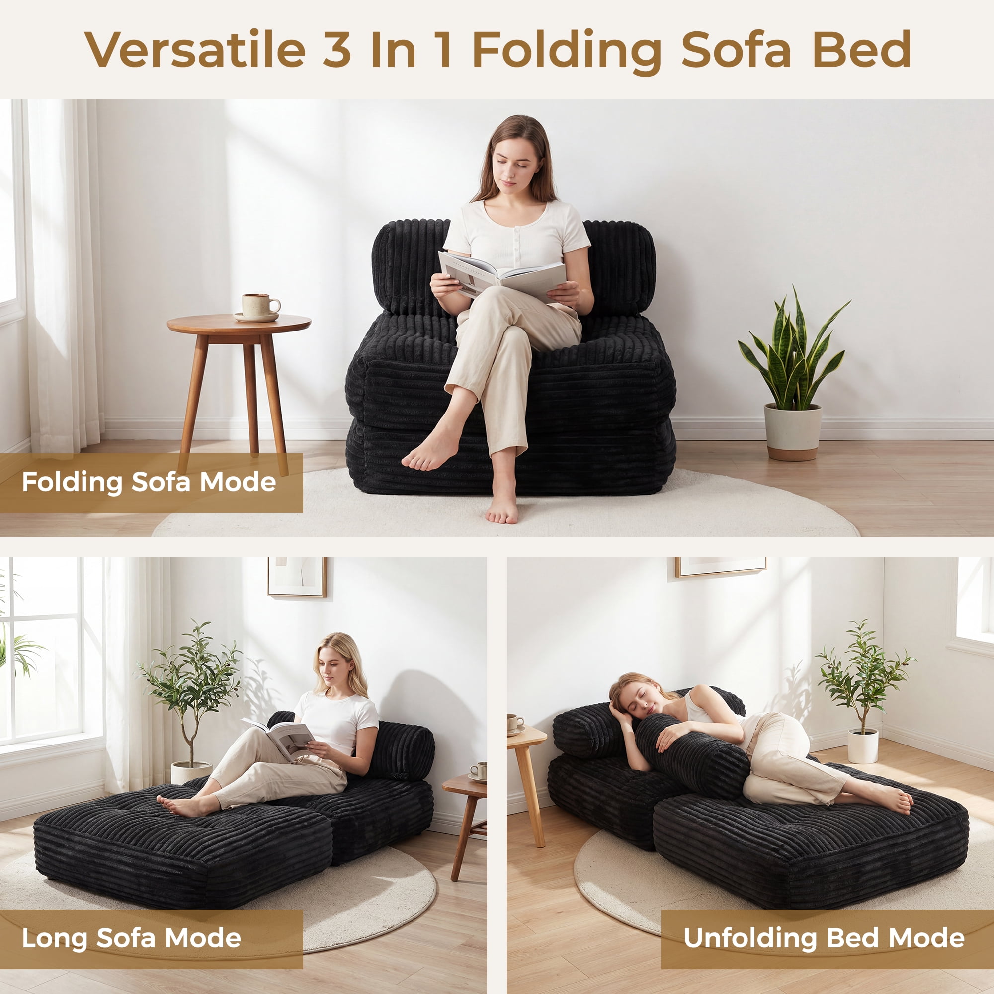 Neche Single Corduroy Convertible Sleeper Sofa - Folding, Pillow Included, Back Support, Portable for Living Room & Bedroom, Black