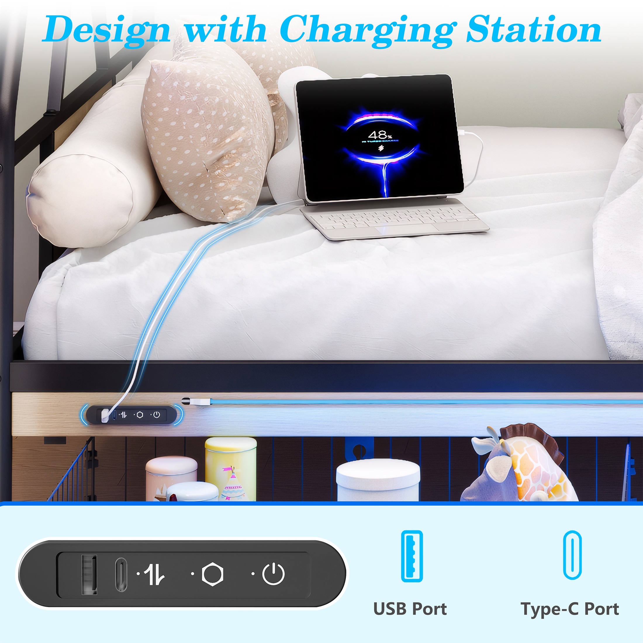 PORKISS Twin over Full Bunk Bed with Drawers for Kids Teens Bedroom, Metal Bunk Bed with USB Charging Station, LED Light, Full-Length Guardrail, Black