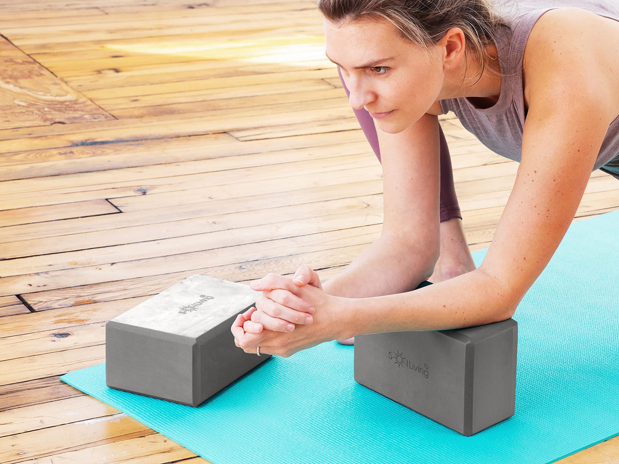 Sol Living Yoga Blocks 2 Pack High Density EVA Foam Yoga Cushion Stretching Pilates Meditation Exercise Equipment Support Deepen Poses Odor Free Non Slip Yoga Accessories - 4" x 6" x 9"- Grey
