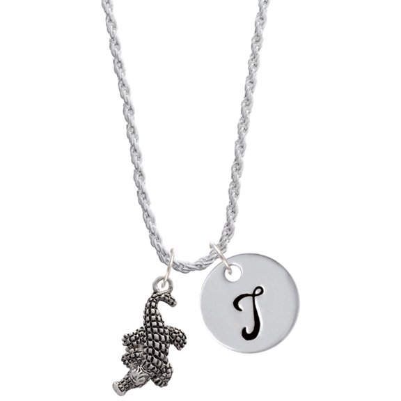 Delight Jewelry Silvertone Alligator Silvertone Script Initial Disc - T - Charm Necklace, 20"+3"