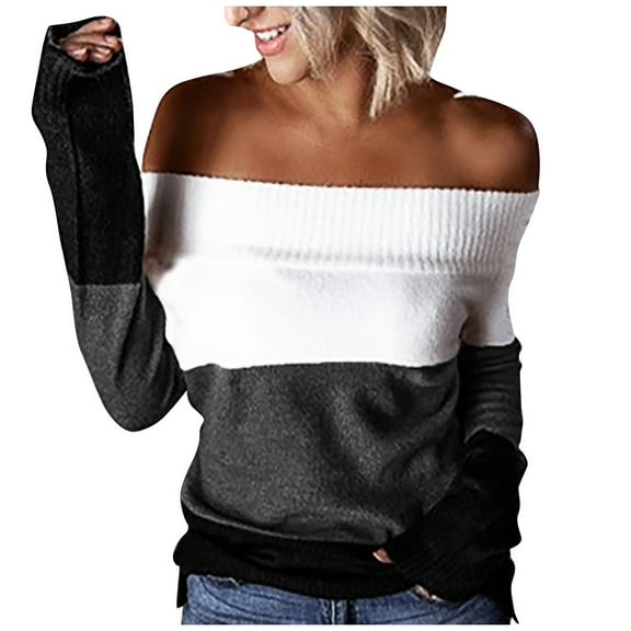 Off the Shoulder Sweaters for Women Striped Color Block Shirt Long Sleeve Cozy Jumpers Fall Knit Tops Casual Pullover