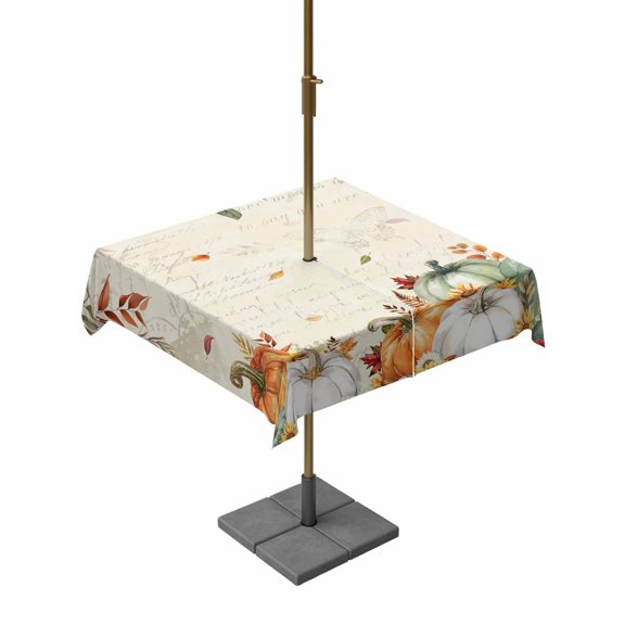 Outdoor Tablecloth with Umbrella Hole and Zipper, Green Orange Fall Square Table Cloth 60x60 Inch Waterproof Tablecloth, Pumpkins Botanical Thanksgiving Retro Picnic Table Cover for Patio Camping