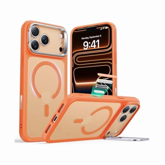 ZHU997 for iPhone 17 Pro Max Case with Stand, Camera Control Cover Compatible with MagSafe, Military-Grade Drop Protection Magnetic Phone Case, Scratch-Resistant Back Cover,Frosted Orange