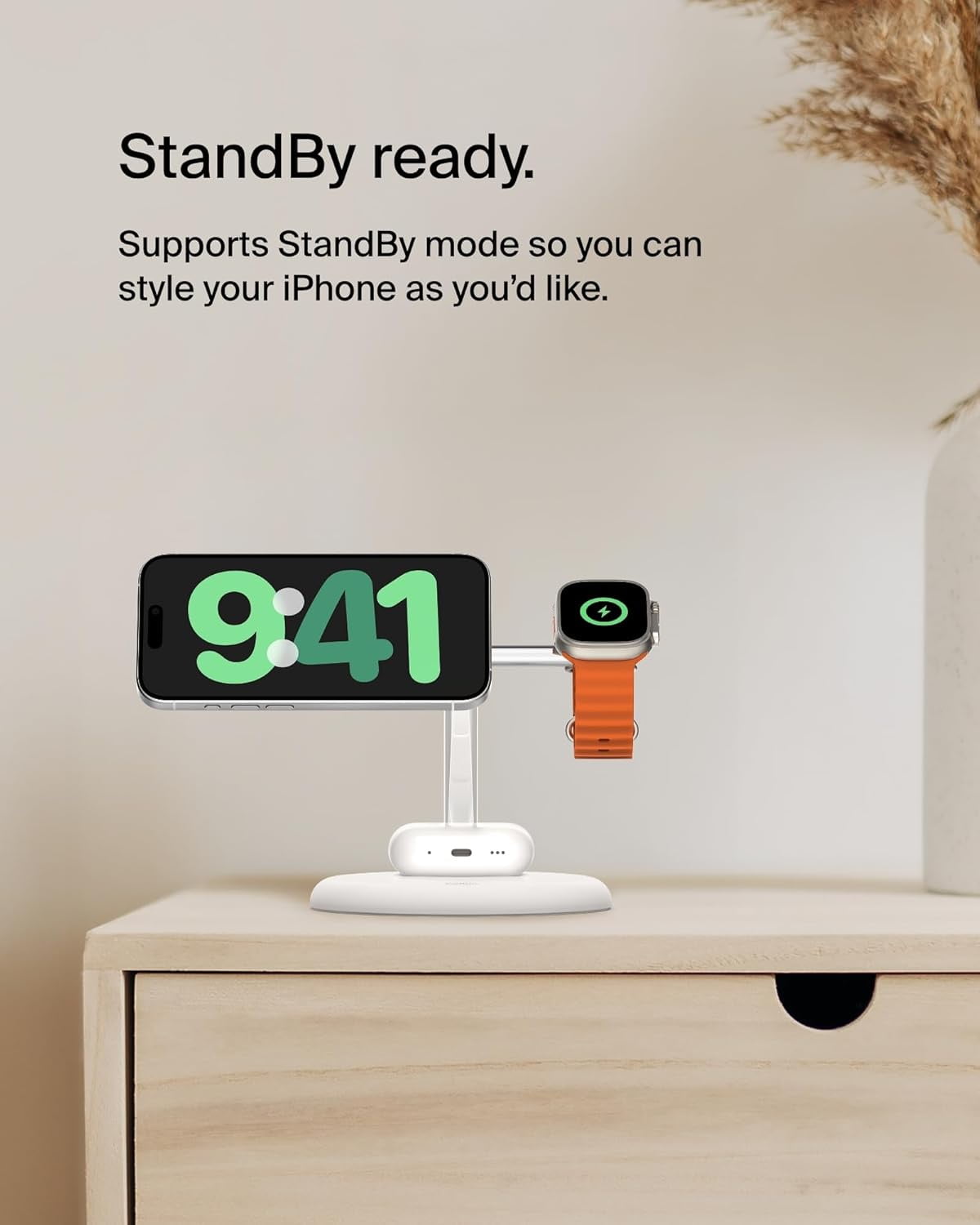 Open Box Belkin MagSafe Charger Compatible 3-in-1 Wireless Charging Stand 15W - Qi2-Certified Wireless Charger, Fast Charging iPhone Charger for iPhone 16, AirPods, Apple Watch, & More (PSU Included) - White