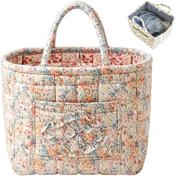Quilted Basket, Large Capacity Foldable Washable Storage with Front Pocket Ffor Grocery Laundry Organization