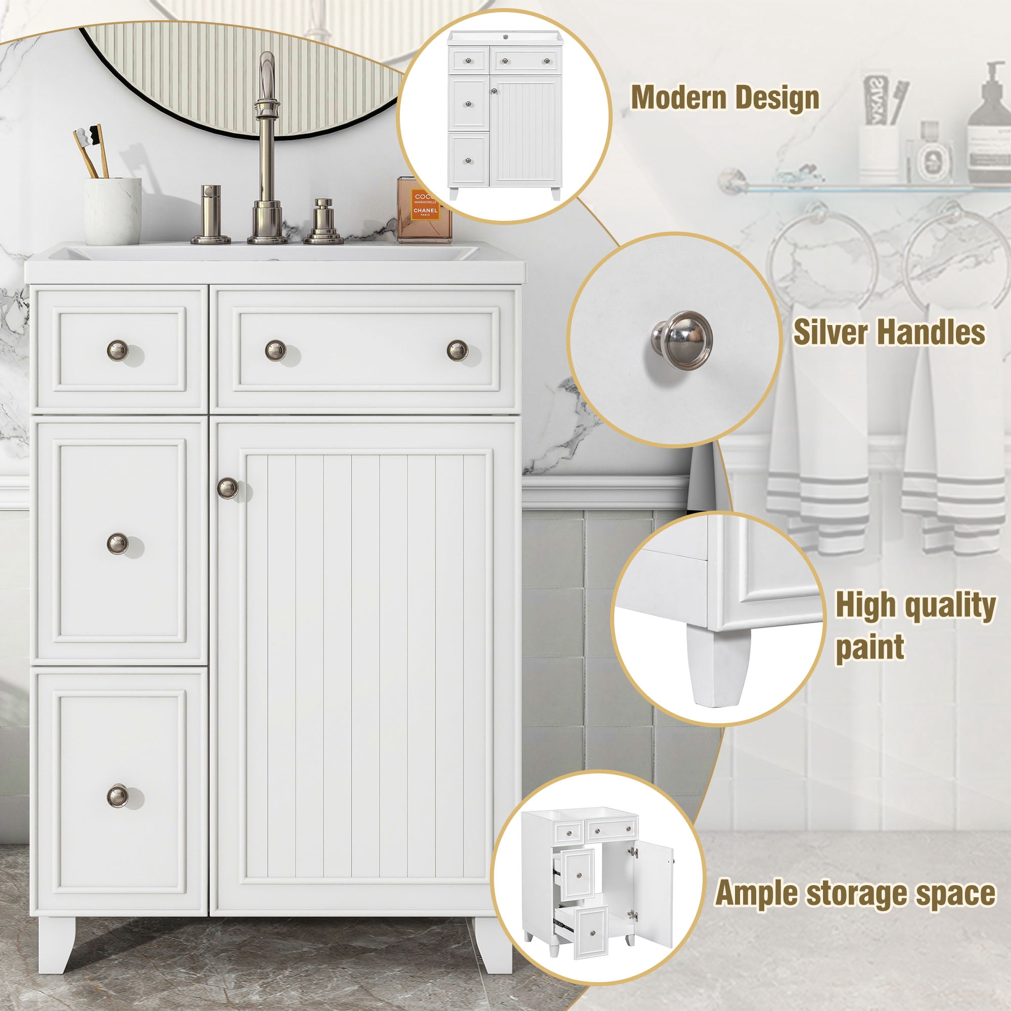 Harper & Bright Designs 24" Bathroom Vanity Sink Combo for Small Space, White Bathroom Vanity Cabinet with 2 Storage Drawers and Door