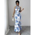 thumbnail image 6 of Blue Floral Print Halter Neck Maxi Dress, Waist-Cinched Bodycon Style, Elegant Evening & Daywear, 6 of 6