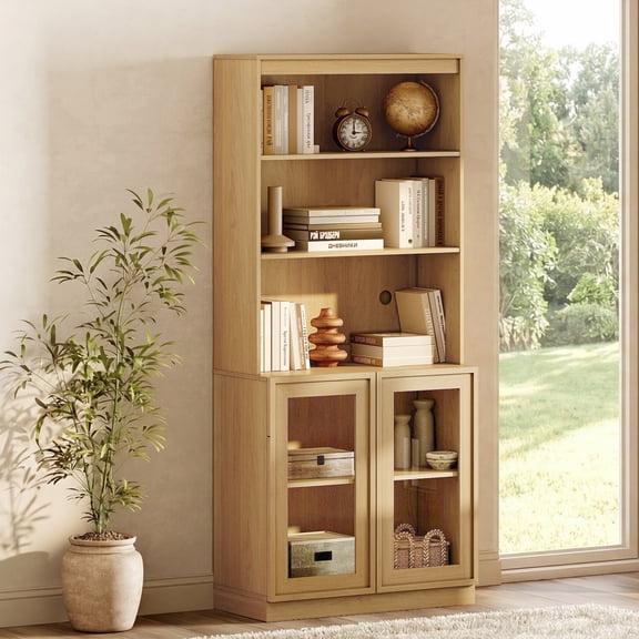Modern 72" Tall Bookshelf with Glass Doors and Adjustable Shelves, Library Bookcase with Storage Cabinet and Open Shelves,Oak