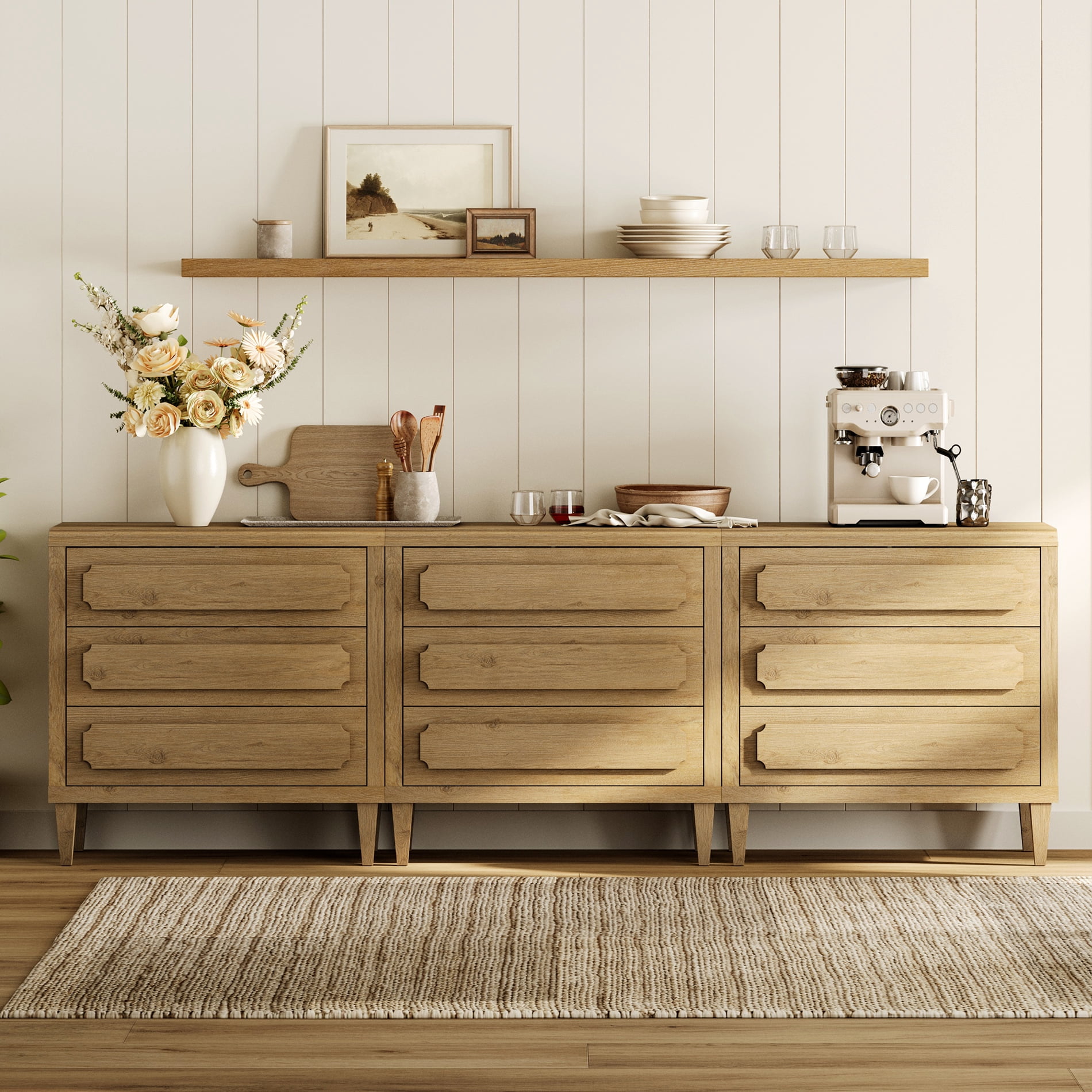 9-Drawer Modern Oak Dresser, Tall Wooden Dresser Storage Cabinet for Bedroom, Nursey, Hallway