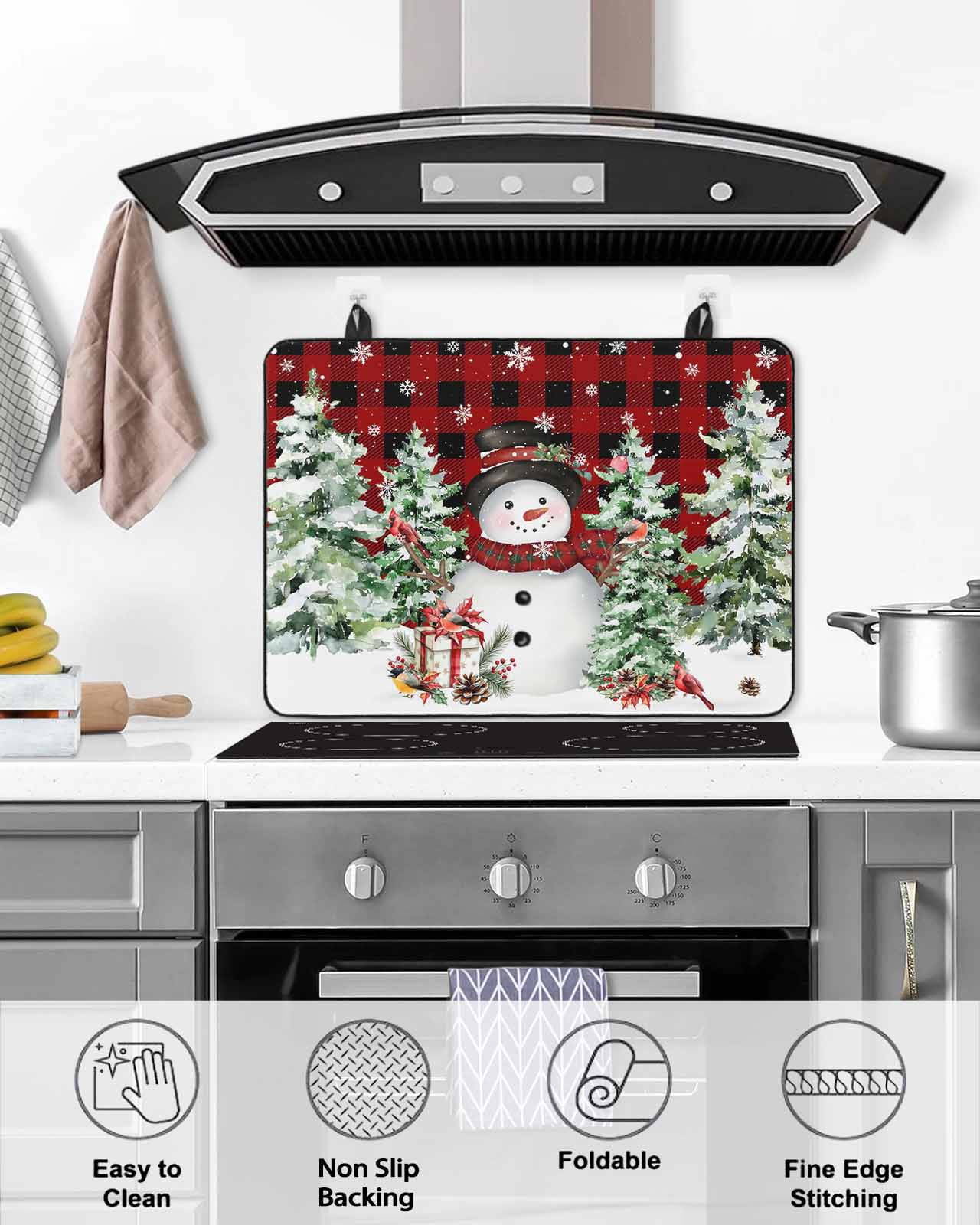 Large Induction Cooktop Protector Mat Christmas Stove Top Covers for Electric Stove, Snowman Snowflake Trees Watercolor Birds Red Plaid Decorative Stove Burner Cover Mats, Glass Top Stove Cover