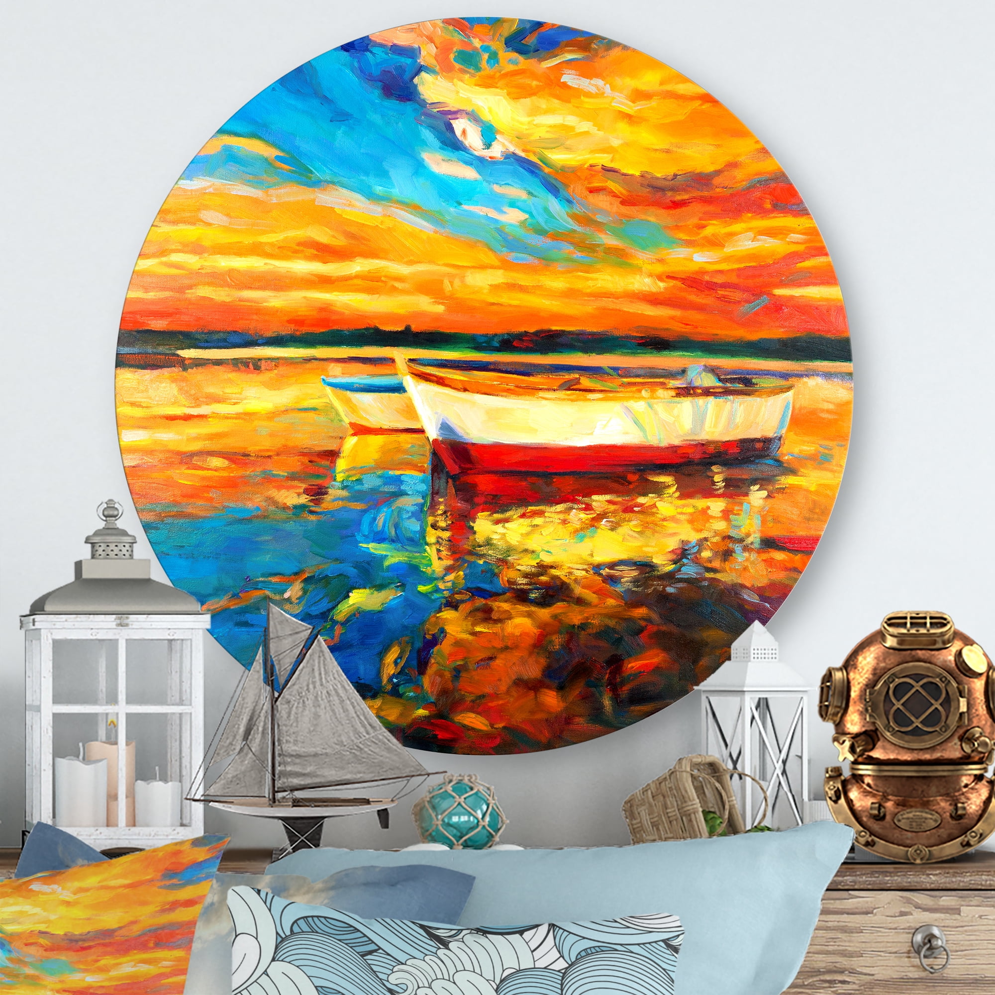 Designart 'Red and White Boats By The Pier At A VIbrant Sunset' Nautical & Coastal Circle Metal Wall Art 23x23 - Disc of 23