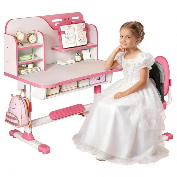 Floseru Kids Desk and Chair Set for 6-12, Hight Adjustable Study Table, Table for Kids with Bookshelf and Drawers, Bedroom Desk for Boys and Girls