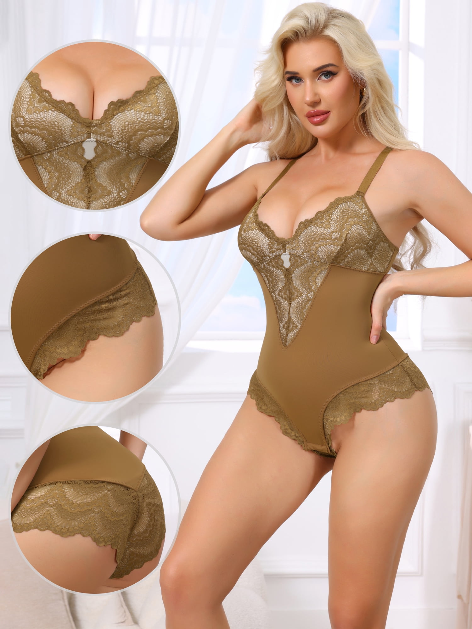 DARING DIVA Women's Lace Shapewear Bodysuit V Neck Push Up Camisole XX-Large Coffee