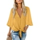 thumbnail image 1 of Blusas con cuello en V y volantes, mangas 3/4, nudo anudado, camisas con botones para mujer, 1 of 3