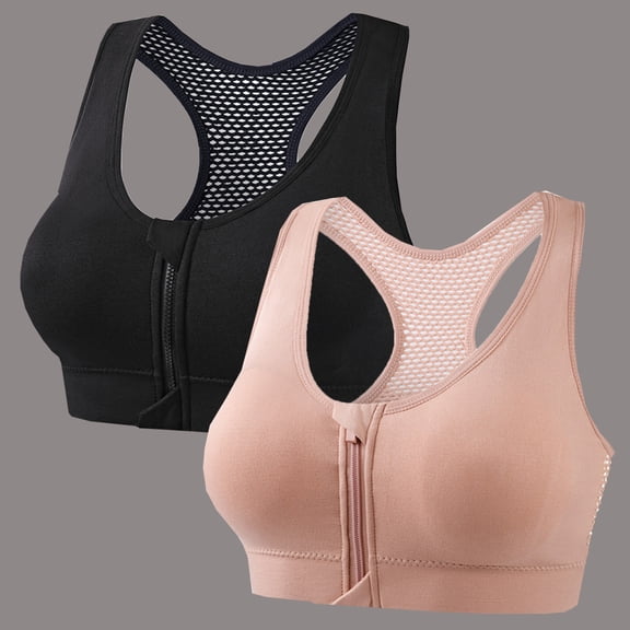 2 Packs Womens Sports Bras Push Up No Underwire Bralettes for Women Zipper Front Closure Racerback Running Yoga Underwear Bra
