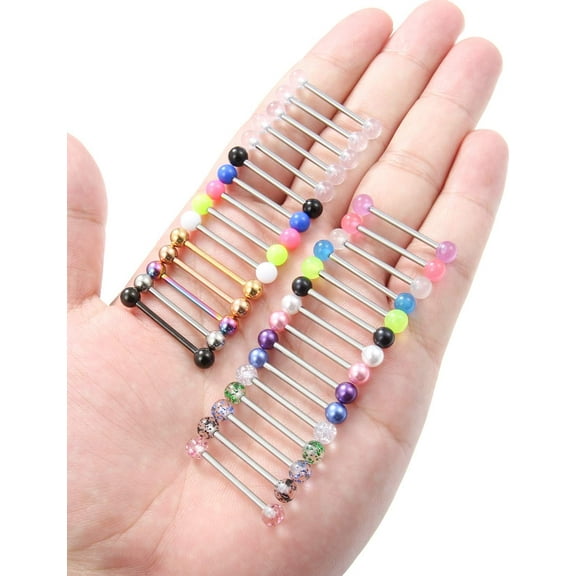 GHRTGR-14G, 16/19/22mmL, 25/30PCS, 5mm Ball Barbell Tongue Ring. Surgical Steel Nipple Piercing Vemom/Glow in The Dark/Created Pearl/Body Jewelry for Woman Unisex