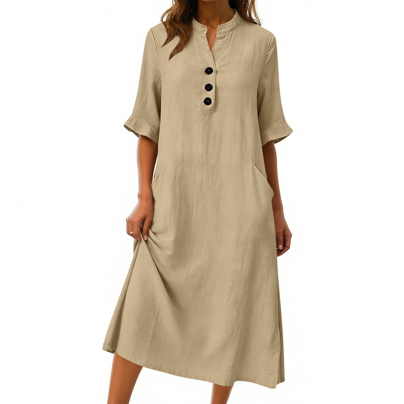 3/4 Sleeve Linen Midi Dress for Women Summer Loose Button Up Stand Collar A-Line Beach Vacation Dresses with Pockets