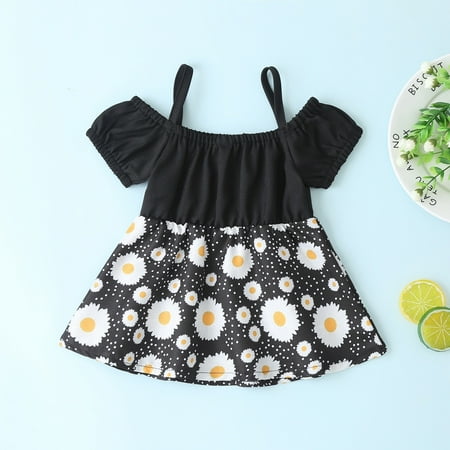 

Toddler Baby Girls Dress Daisies Pattern Short Sleeve Off Shoulder Sling Patchwork Clothes Waist Design Outfit Sweet Princess Dress