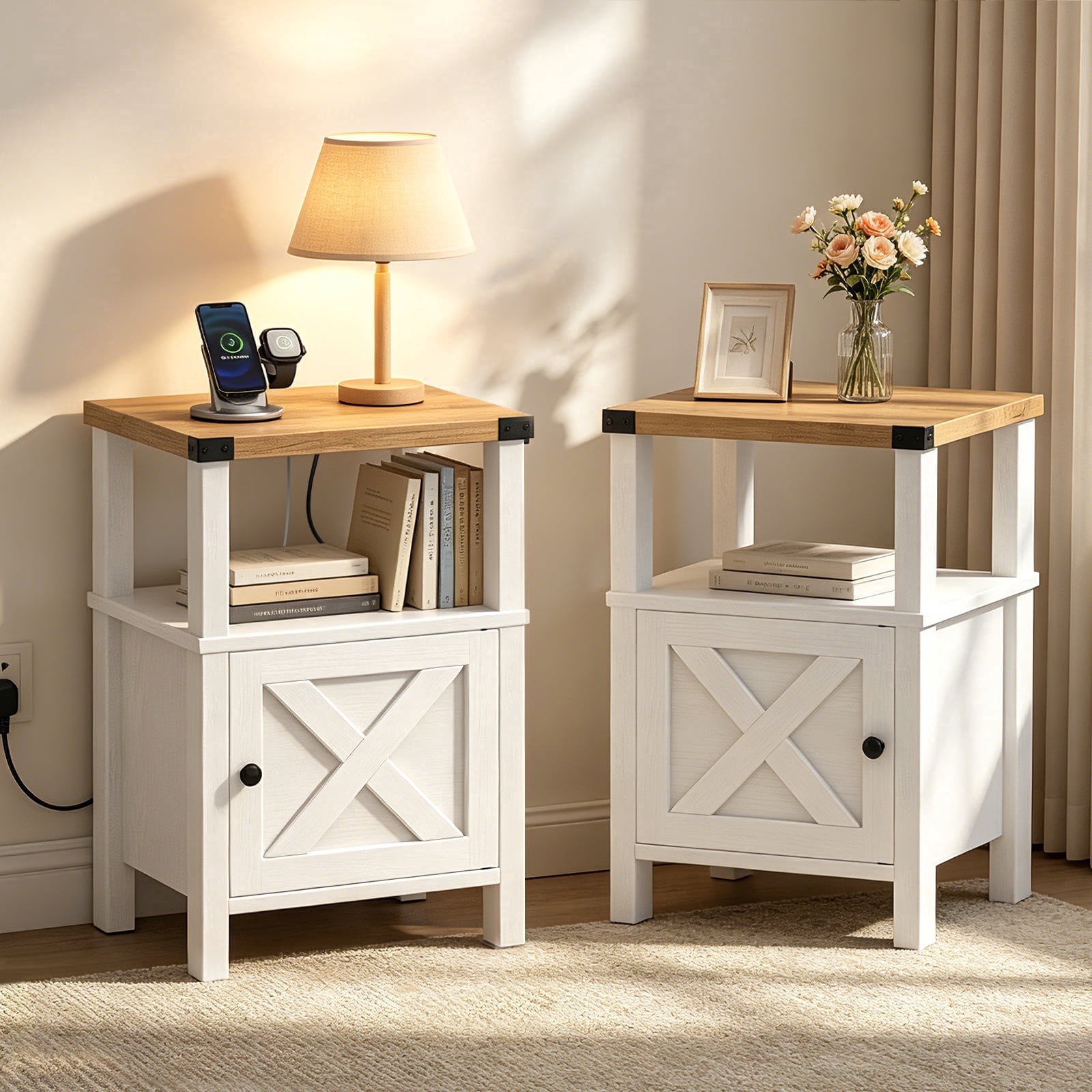 EVOKEDEN 2PCS Farmhouse Nightstands w/ Charging Station & Storage, Wood Side Table w/ Barn Door for Bedroom Living Room, White