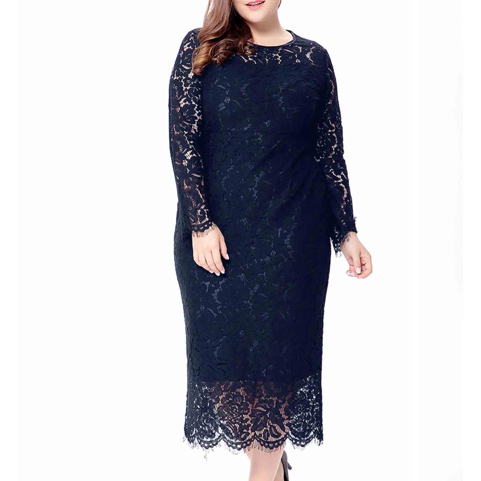 SCSAlgin Evening Dress for Women Lace Long Sleeve Plus Size Dress Solid Color Slim Fit Hollow Out Midi Dresses