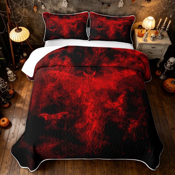 Feelyou Horror Bat Skull Twin Quilt Set, Red Butterfly Halloween Twin Coverlet Set, 2pcs, 1 Comforter and 1 Pillowcase