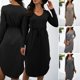 thumbnail image 4 of Vestido casual con cuello en V para mujer, manga larga, bolsillos en la cintura elástica, dobladillo Abanopi Gris/Grande, 4 of 7
