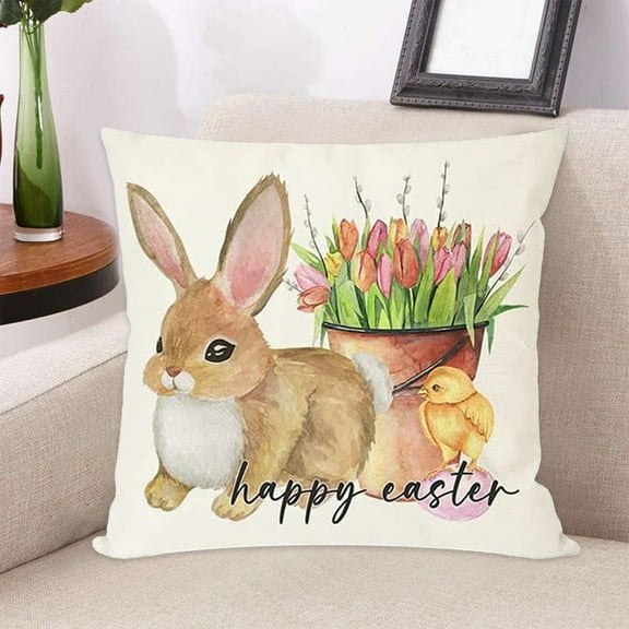 SDJMa Happy Easter Throw Pillow Cover, 18 x 18 Inch Rustic Easter Bunny Chick Flower Cushion Case Decoration for Bed Sofa Couch Spring Holiday Easter Party Farmhouse Home Decor