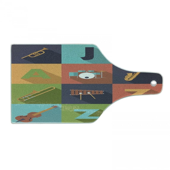 Music Cutting Board, Colorful All Jazz Equipment Set on Flat Design Funky Music Graphic Design, Decorative Tempered Glass Cutting and Serving Board, Wine Bottle Shape, Multicolor, by Ambesonne