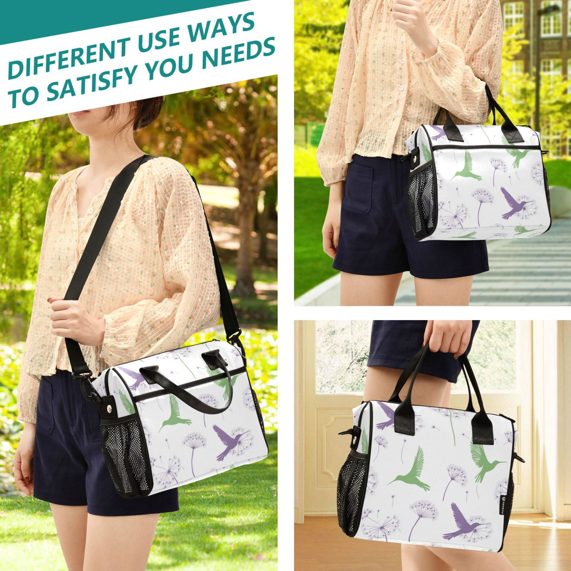 FORMRS Insulated Lunch Bag for Work School Unisex Large Capacity Cooler with Shoulder Strap, Purple Birds