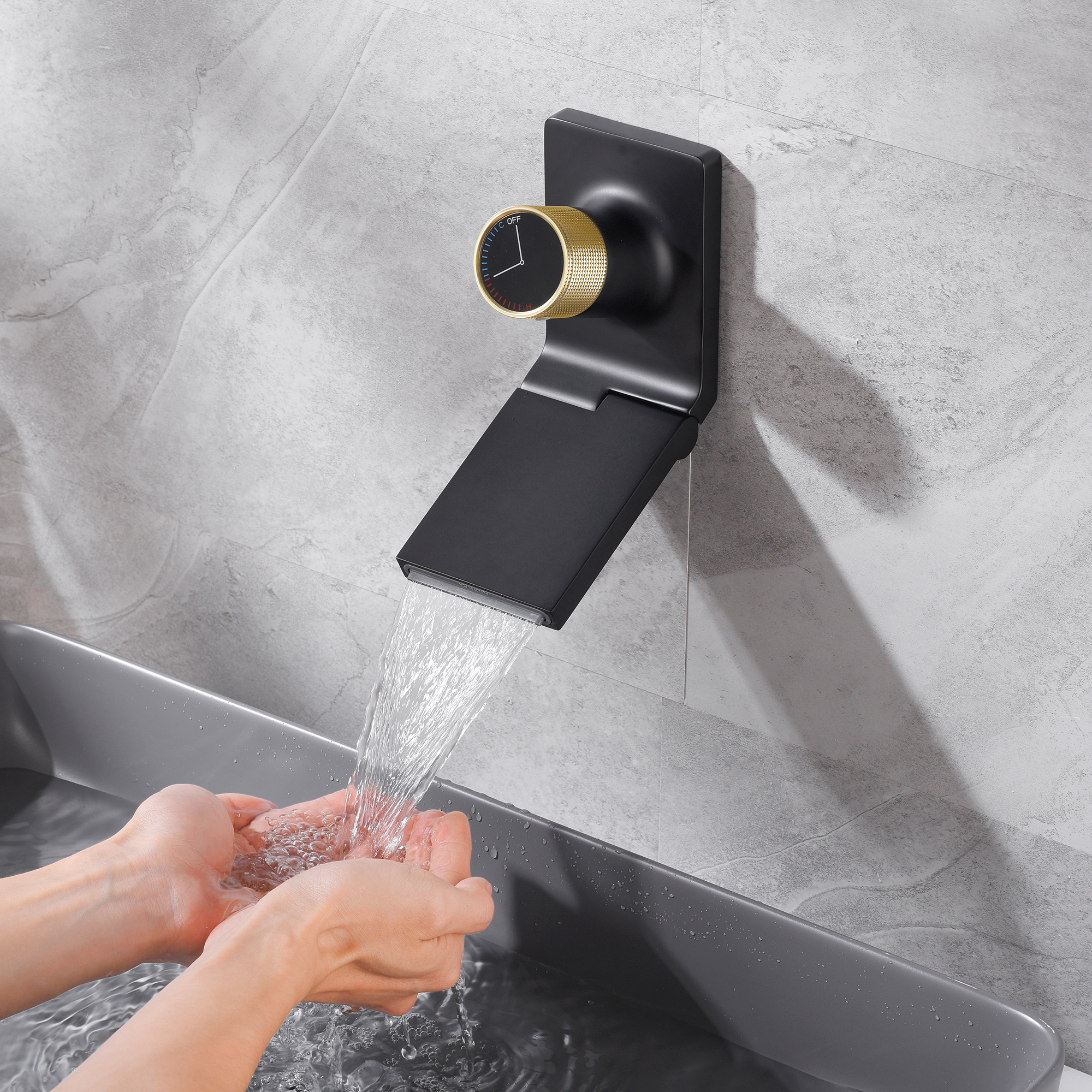 SUMERAIN Wall Mount Waterfall Bathroom Sink Faucet, Single Handle One Hole Vanity Faucet with Foldable Spout, Black and Gold